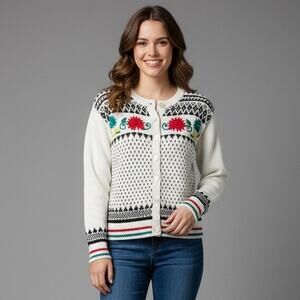 Vintage Russ Sweater Long Sleeves Small White Flowers Chunky Knit Button Up